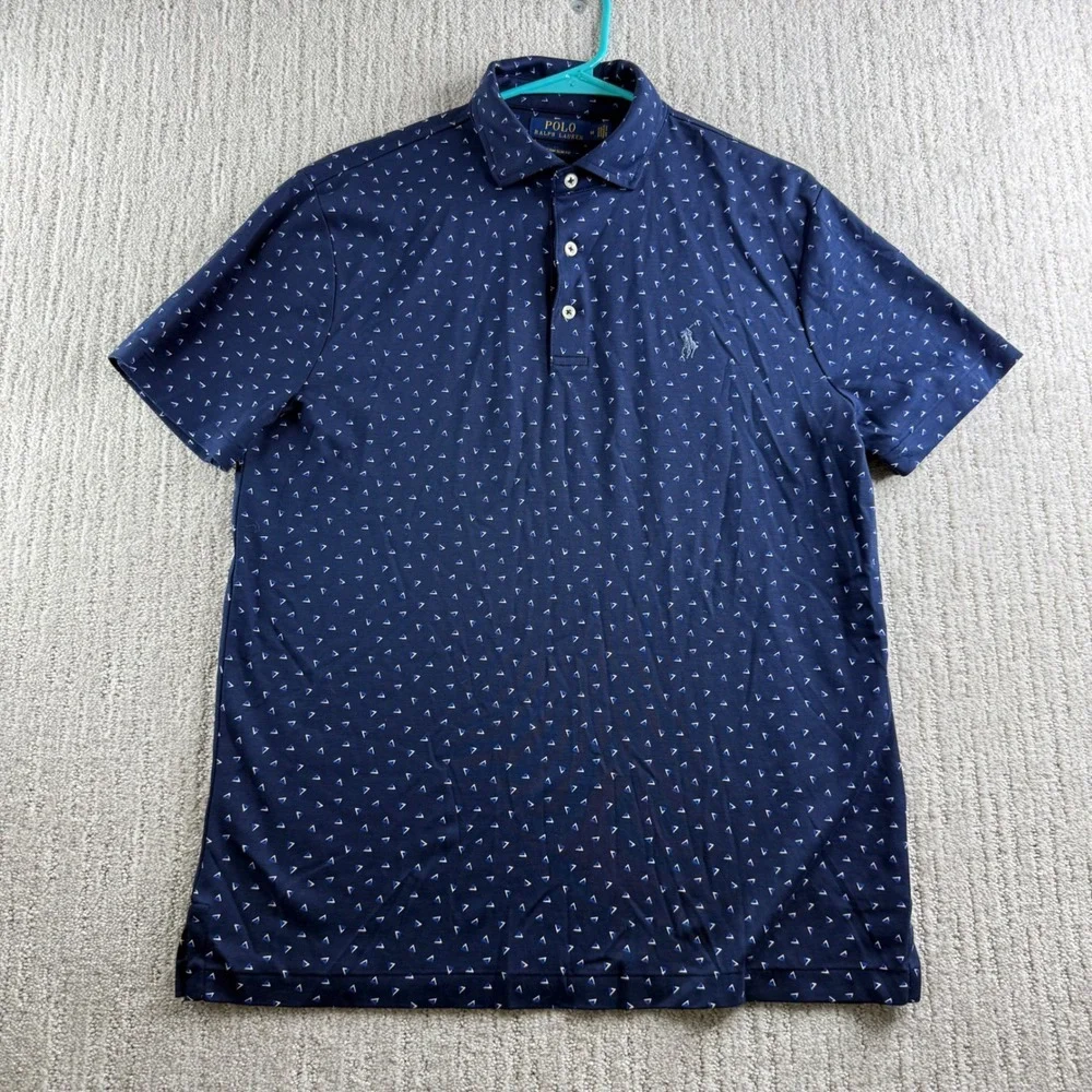 Polo Ralph Lauren Custom Slim Fit Geometric Print Polo Shirt Mens Size M Navy